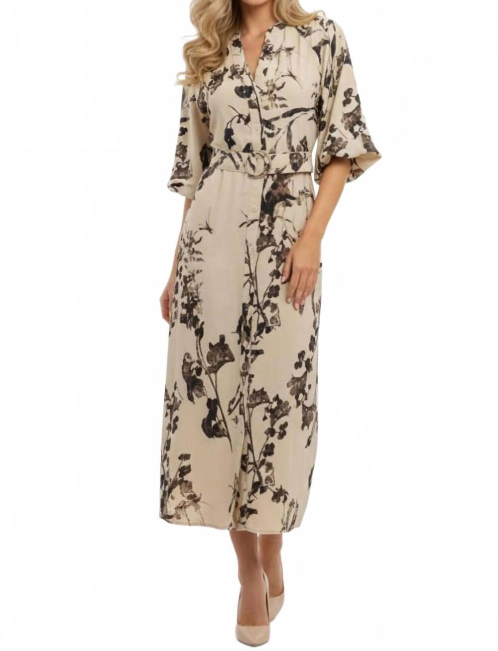 NEW ABS COLLECTION botanical elegance floral midi shirt dress in cream black